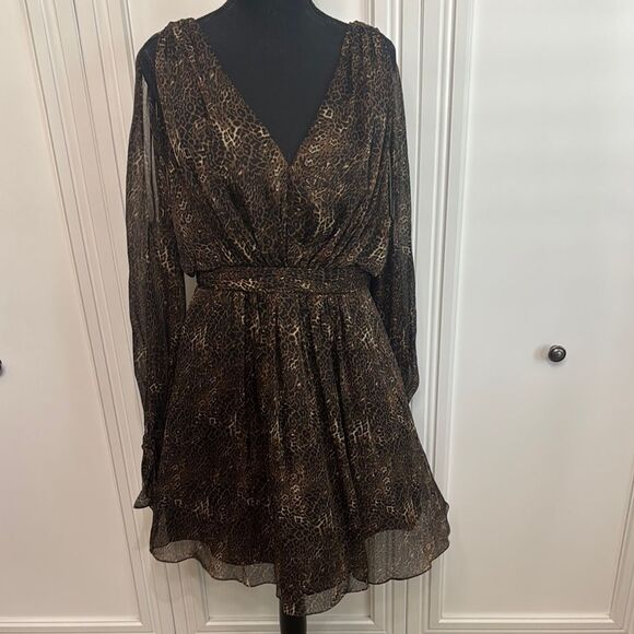 Kurt Thomas Silk Leopard Print Dress with Slit Sleeves Size 8‎ - Picture 1 of 9